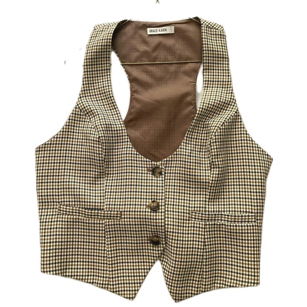 Grace Karin Suit Vest Women L Brown Plaid Check 3 Button Belted Tailored Lined